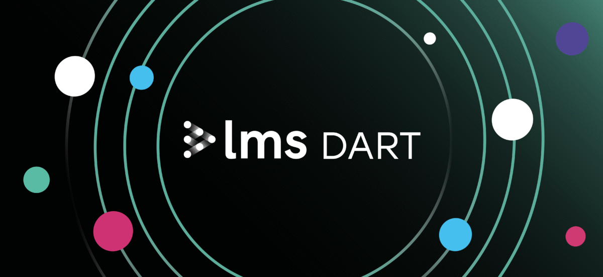 The image consists of the words LMS DART centrally placed within a dark green graphic surrounded by pink, white, and blue balls.